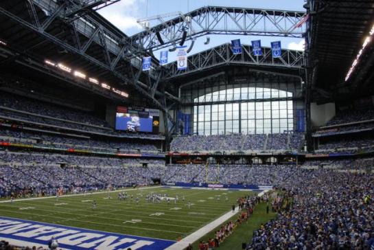 Lucas Oil Stadium with championship banners hanging.