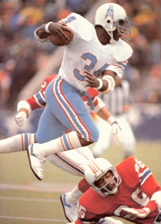 Campbell leapfrogging Patriot cornerback Raymond Clayborn in the '78 playoffs.