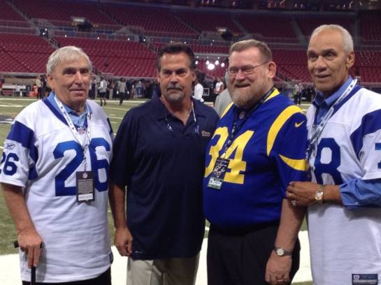 The legendary Jon Arnett along with current Ram coach Jeff Fisher, former players Les Josephson, and Roger Brown.
