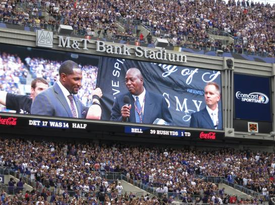 Raven GM Ozzie Newsome addressing Ray Lewis during his "ring of honor" ceremony earlier this year.
