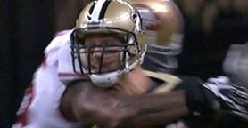 Brooks was flagged for hitting Brees in the head. Replay clearly showed that he hit him across the chest causing a fumble.